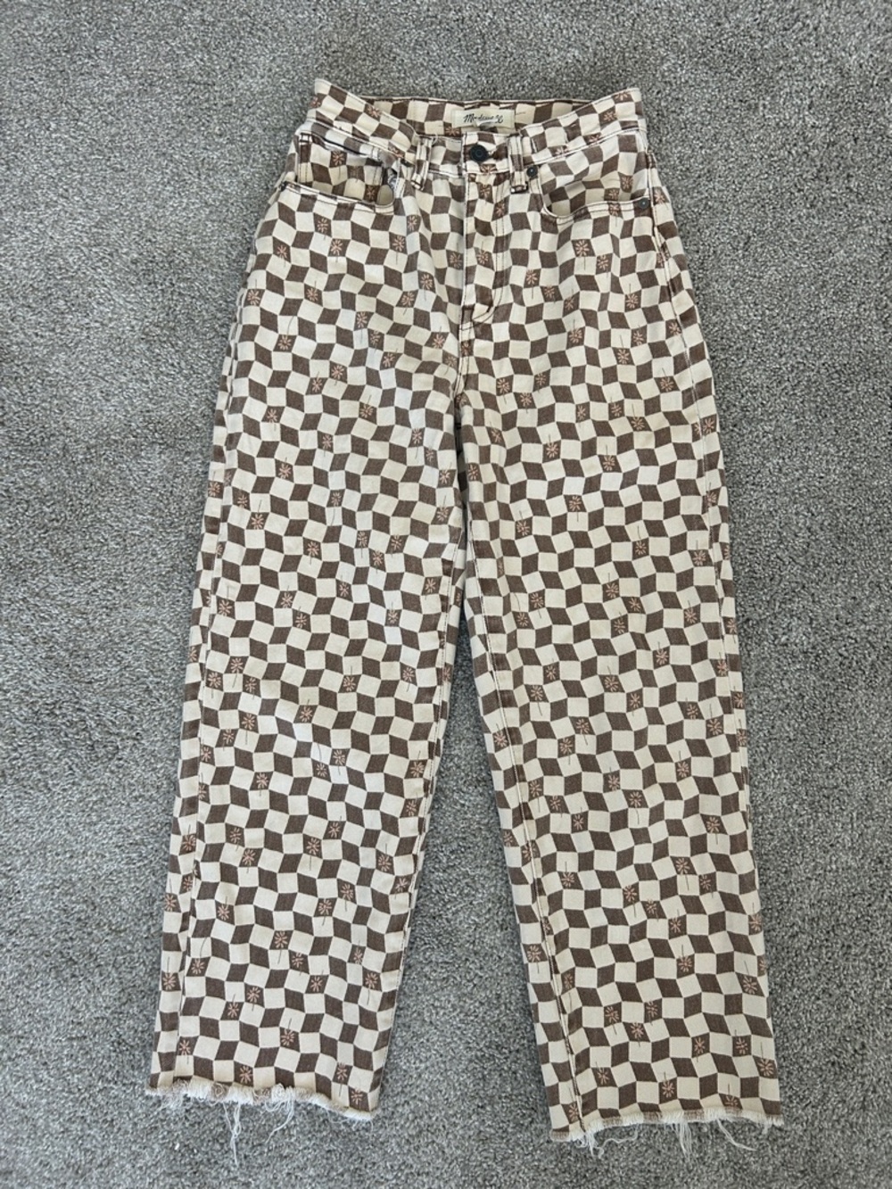 Madewell Cream & Brown Checkerboard floral Straight-Leg Pants